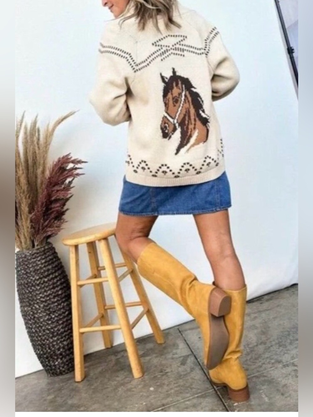 J.O.A. Vintage Horse Head Intarsia Jacquard Shawl Knit Western Cardigan Sweater